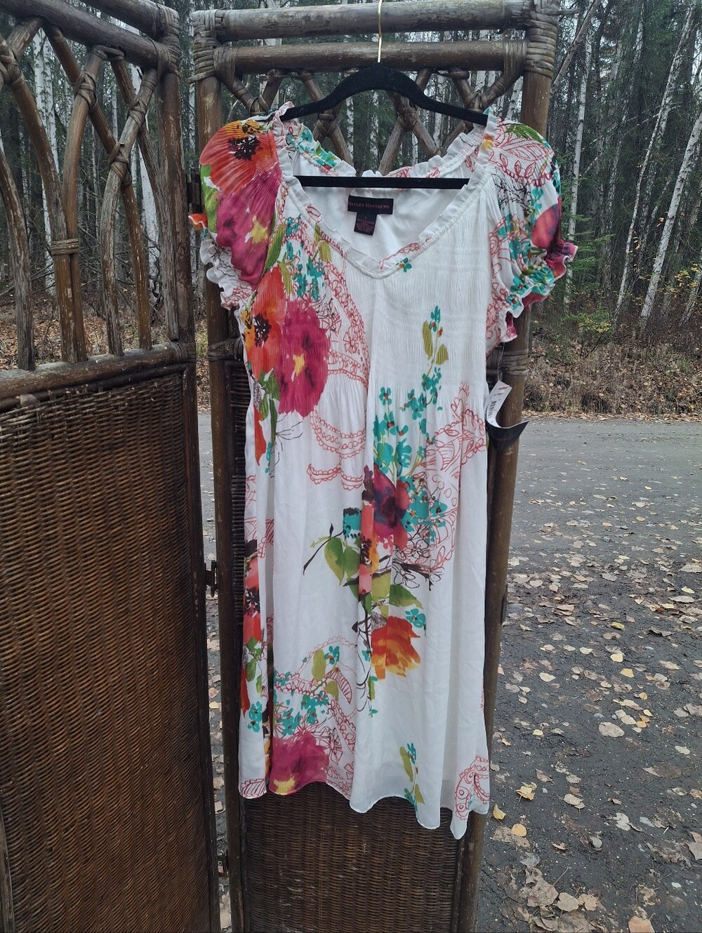 Women's White Floral Ruffle-Sleeve Dress with Pink & Green Print